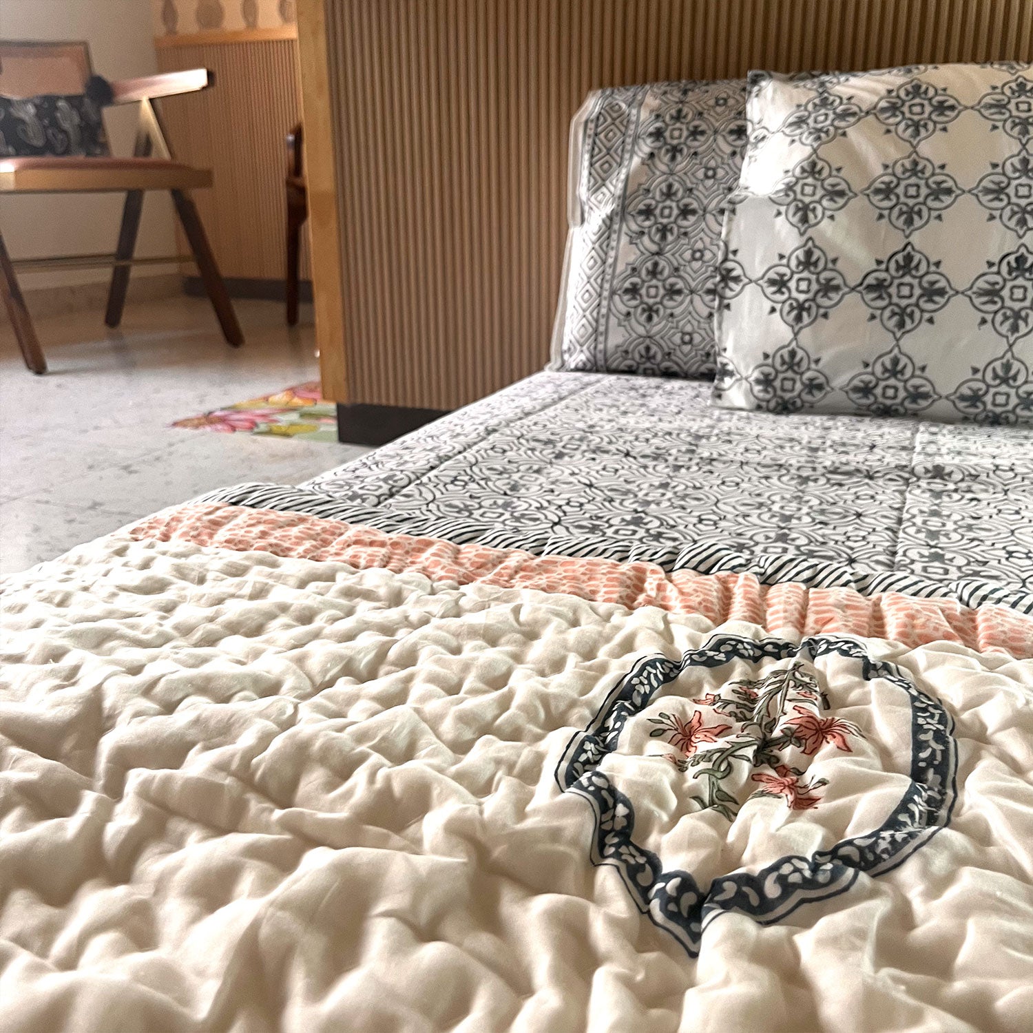 Blue Assyemtrical Foral Soft Cotton Printed Bed Sheet - 100 inches x 110 inches