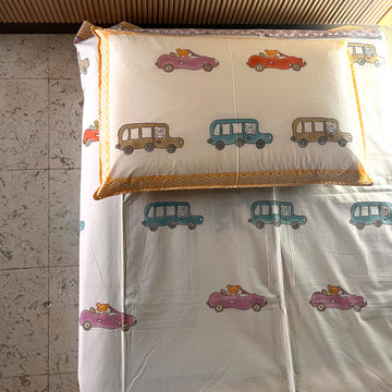 White Mini Car Prints Kids Single Bedsheet| 60x90 Inches