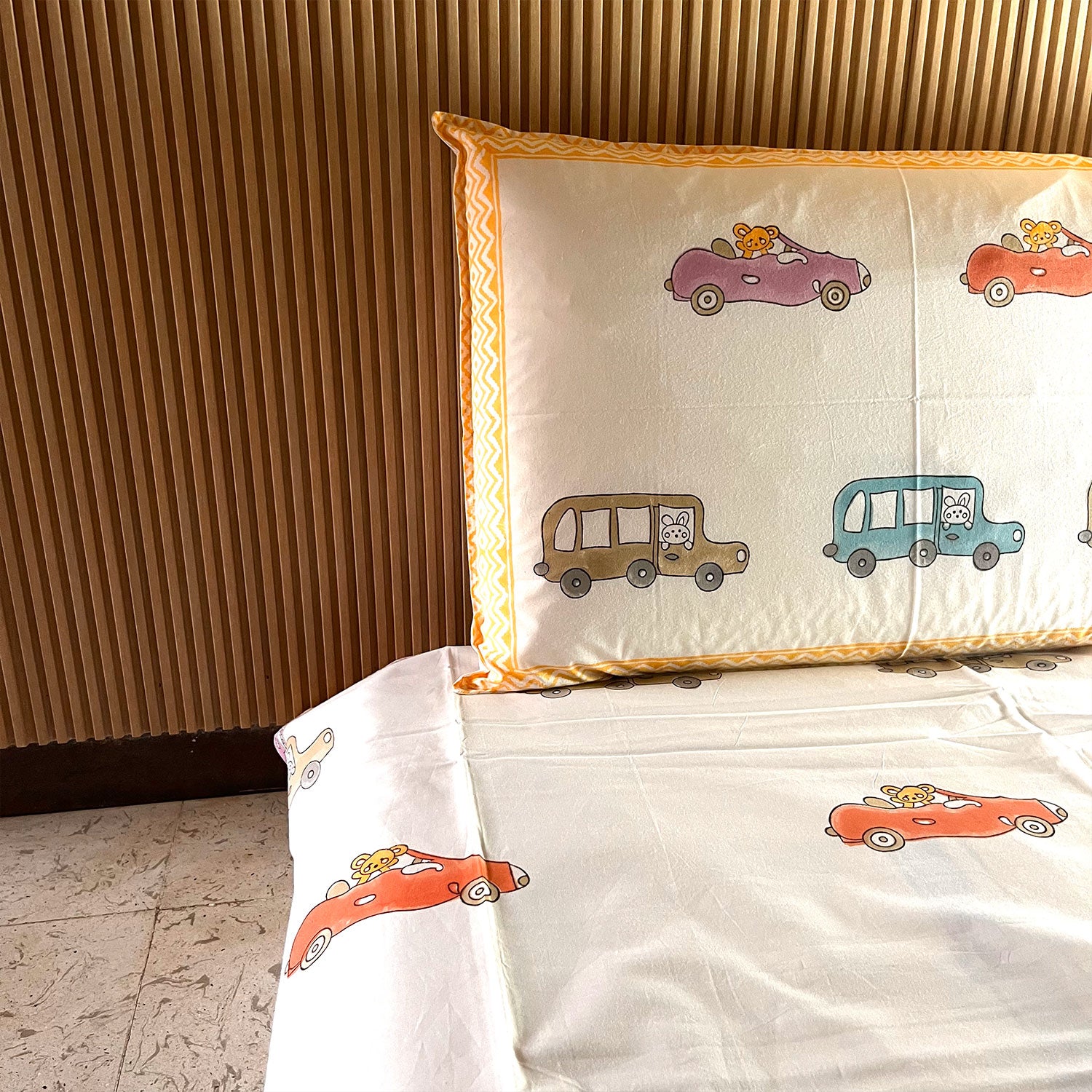 White Mini Car Prints Kids Single Bedsheet| 60x90 Inches