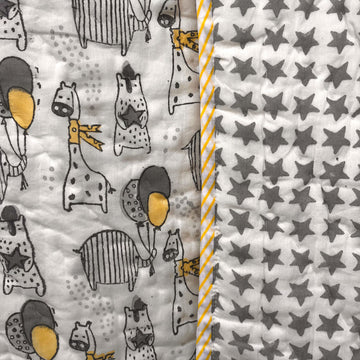 Yellow Grey animals doodle Prints Kids Single Quilt | Single Sided | 40x60 Inches