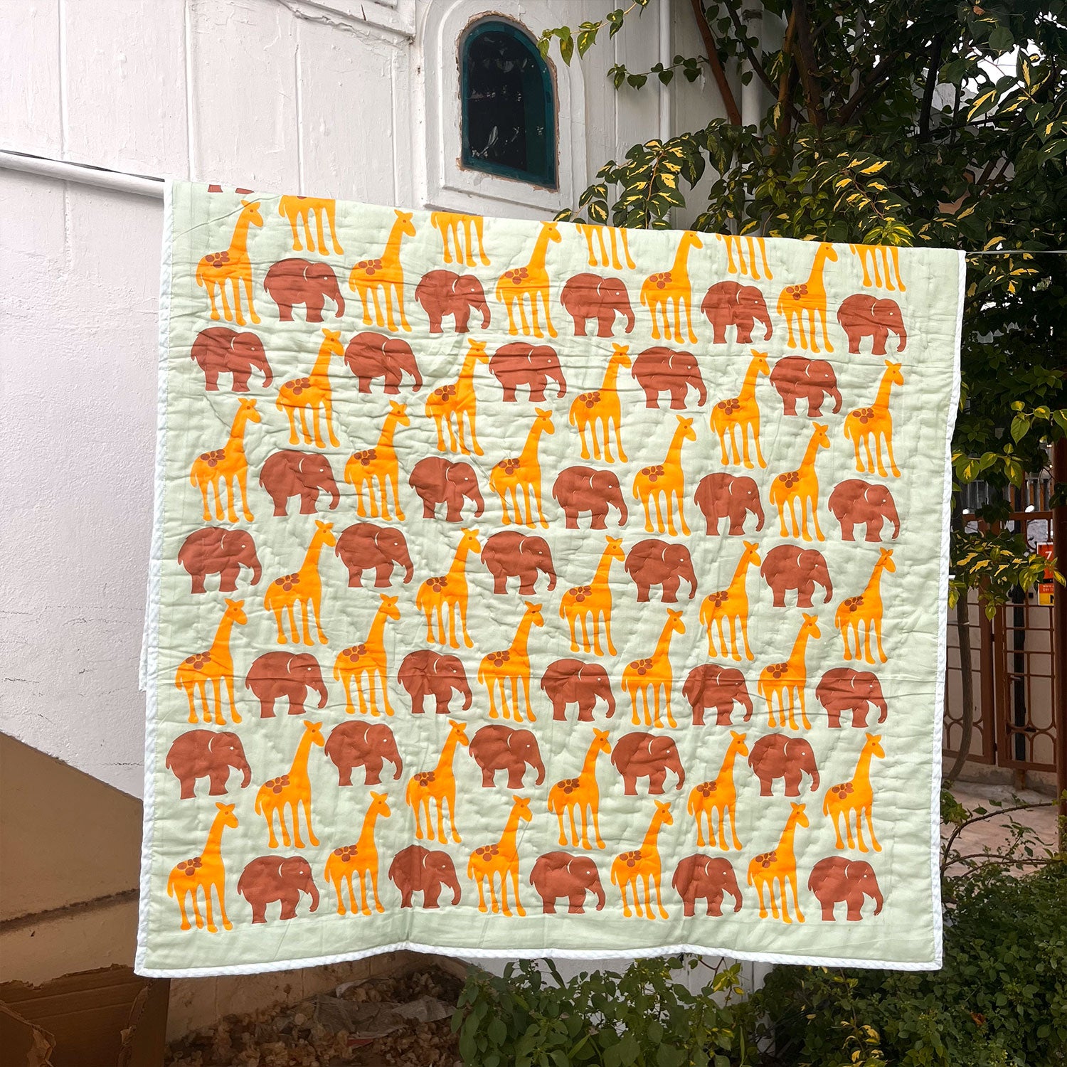 White Elephant & Giraffe Prints  Baby Single Quilt | Single Sided | 40x60 Inches