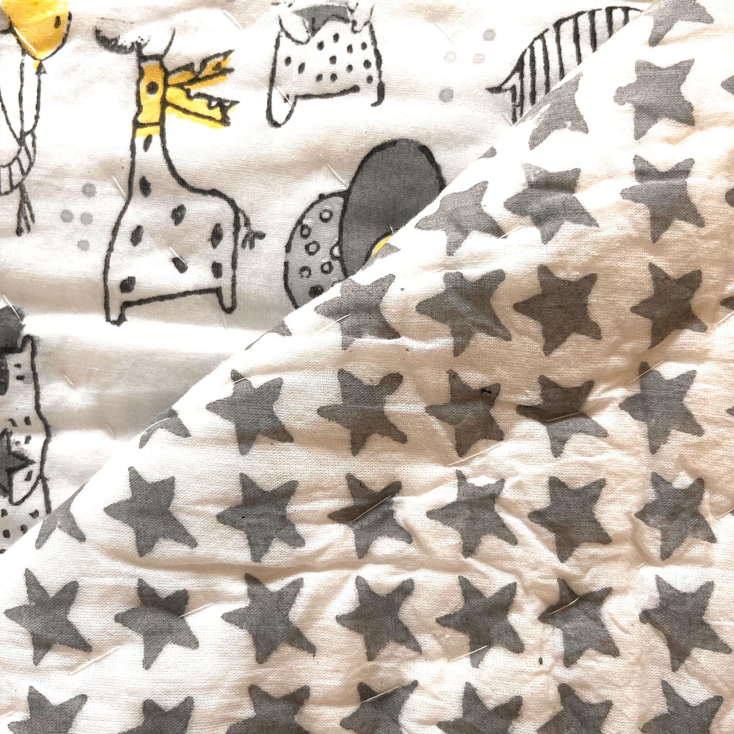 Yellow Grey animals doodle Prints Kids Single Quilt | Single Sided | 40x60 Inches