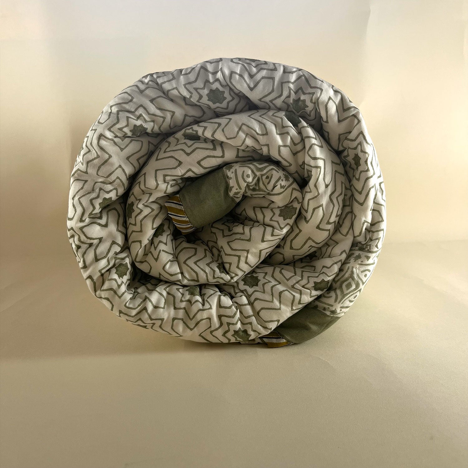 Olive Green Star Flower Soft Cotton Printed Single Bed Quilt  - 60 inches x 90 inches