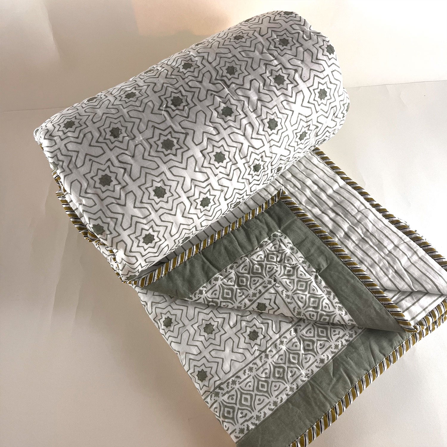 Olive Green Star Flower Soft Cotton Printed Single Bed Quilt  - 60 inches x 90 inches