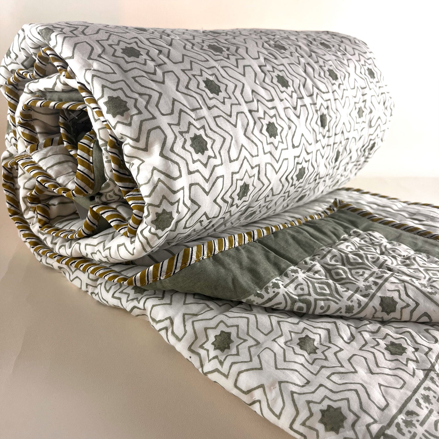 Olive Green Star Flower Soft Cotton Printed Single Bed Quilt  - 60 inches x 90 inches