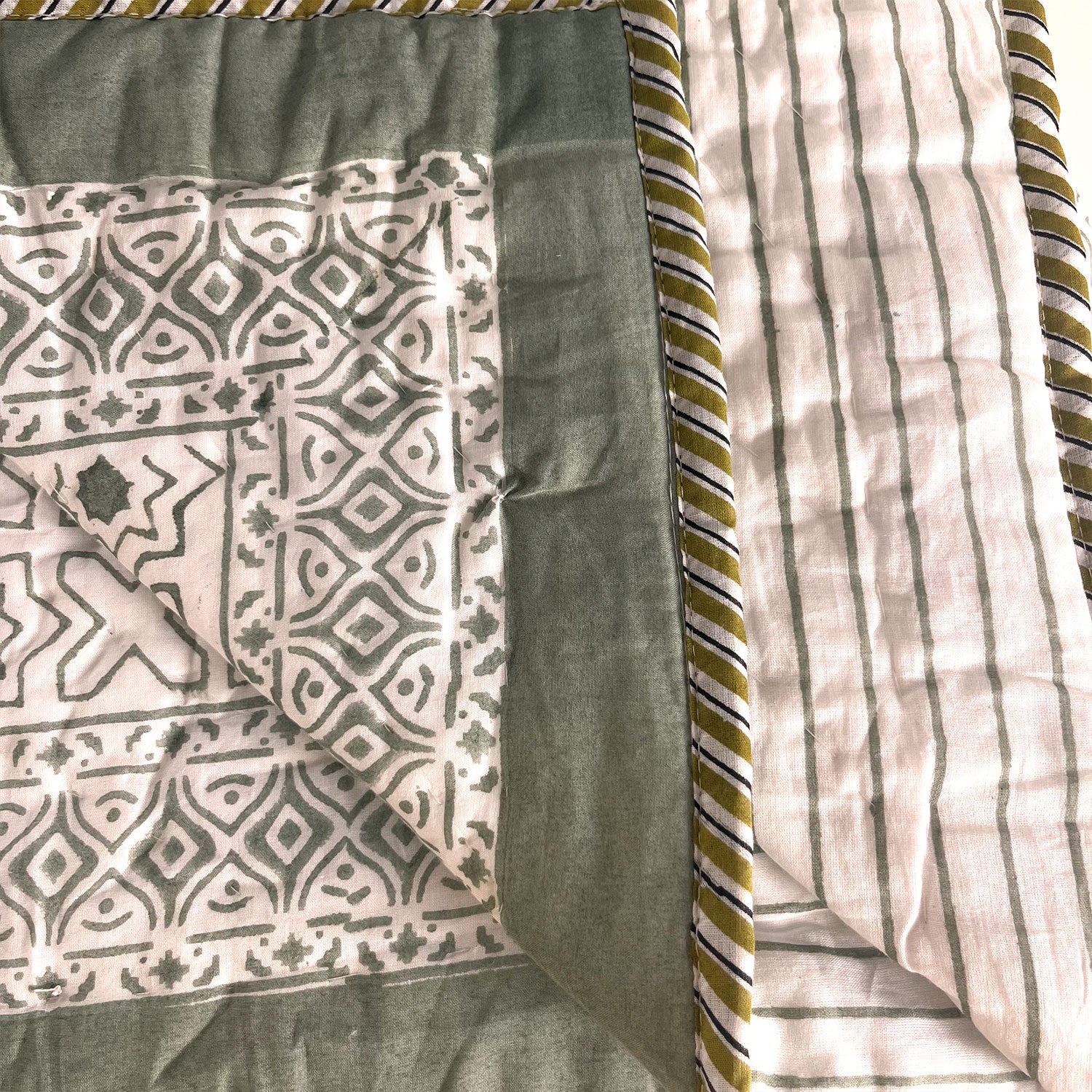 Olive Green Star Flower Soft Cotton Printed Single Bed Quilt  - 60 inches x 90 inches