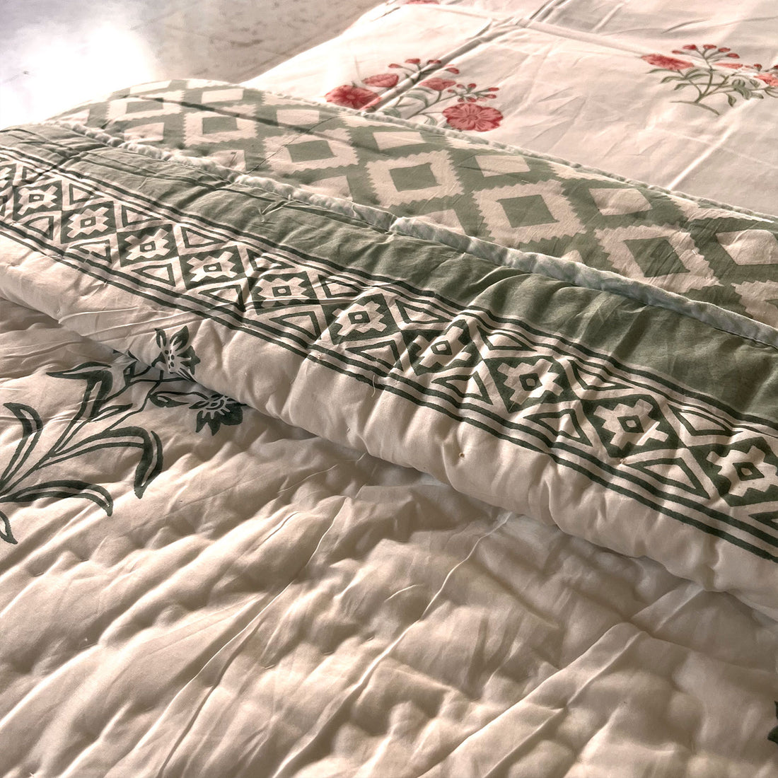 Olive Green Floral Soft Cotton Printed Single Bed Quilt - 60 inches x 90 inches