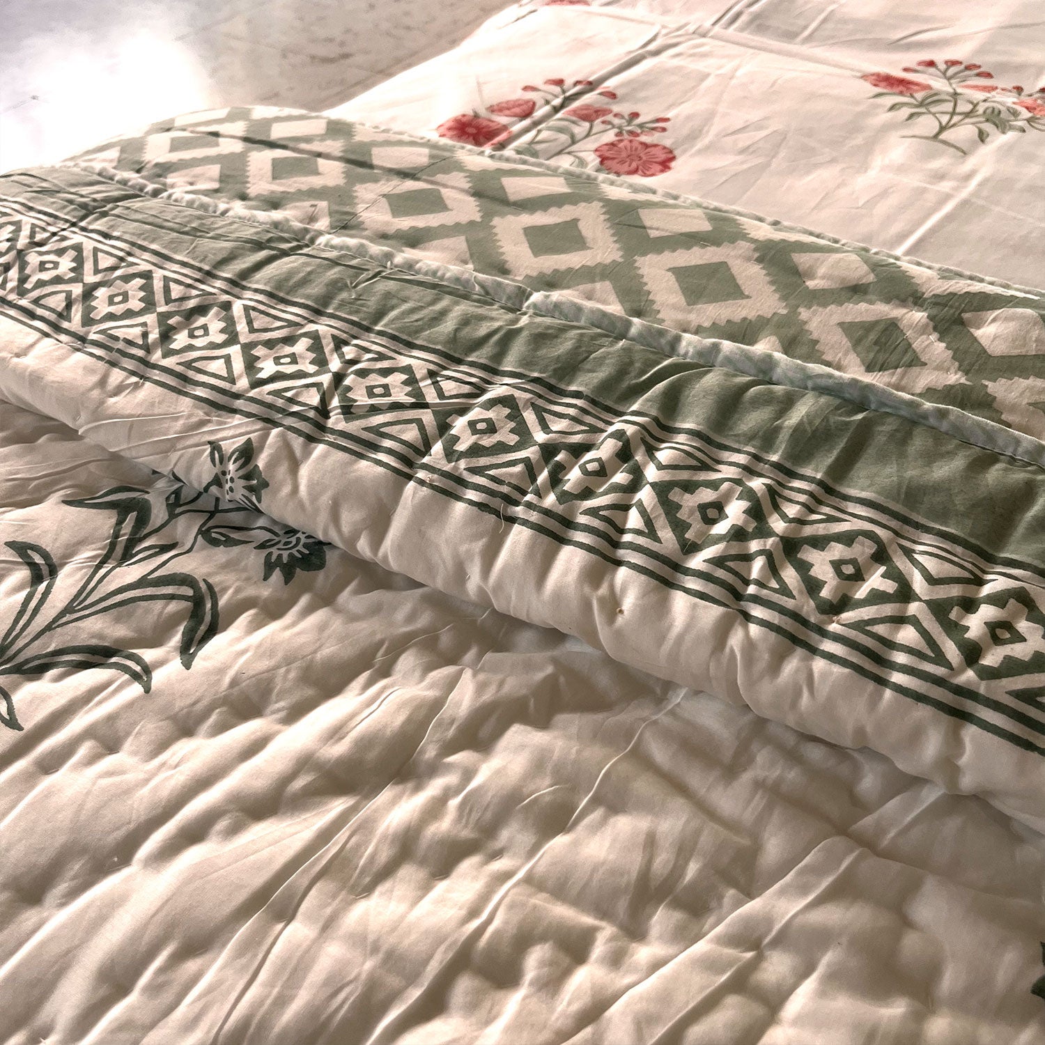 Olive Green Floral Soft Cotton Printed Single Bed Quilt - 60 inches x 90 inches