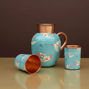 Light Blue Birds Pure Copper Jug & Glass Set