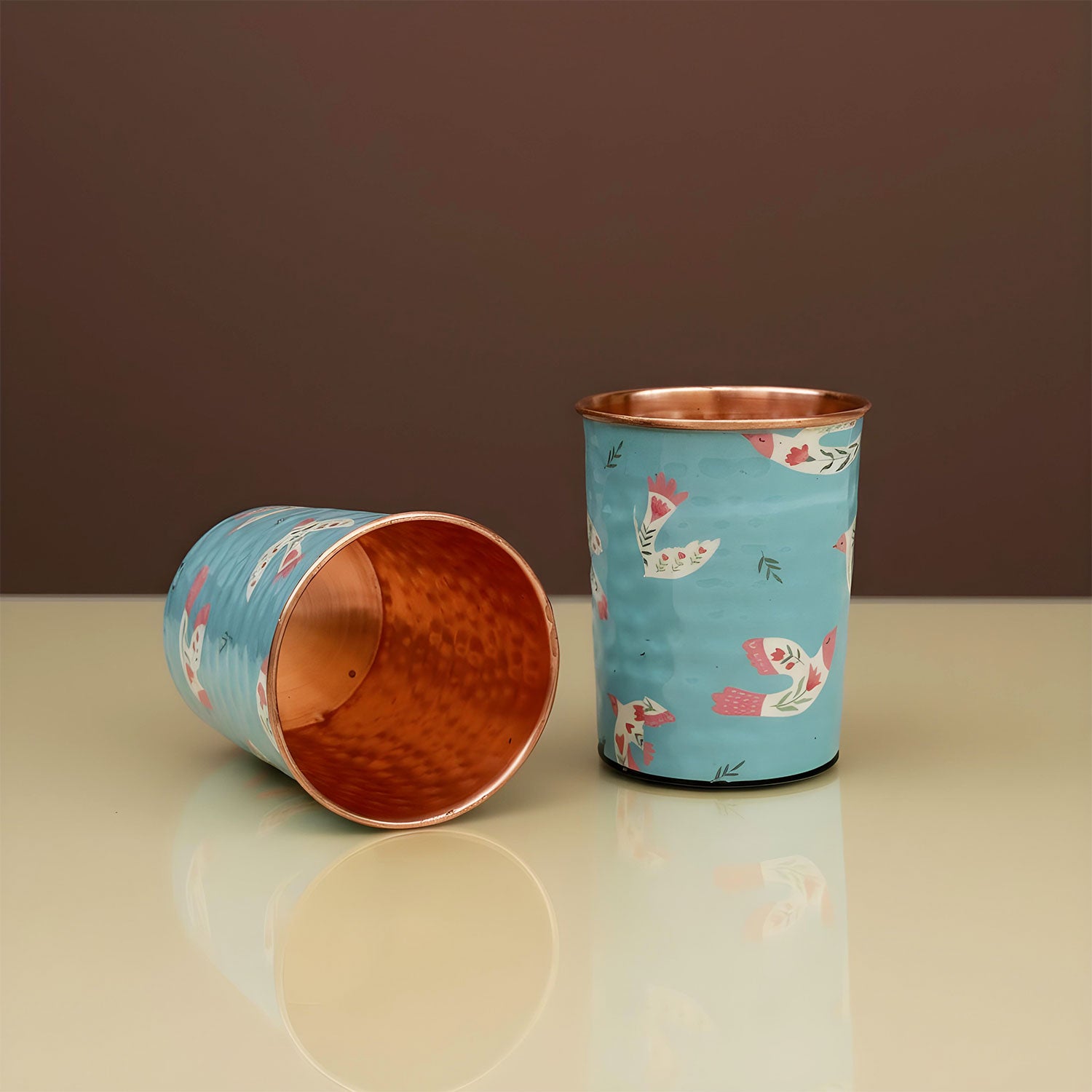 Light Blue Birds Pure Copper Jug & Glass Set