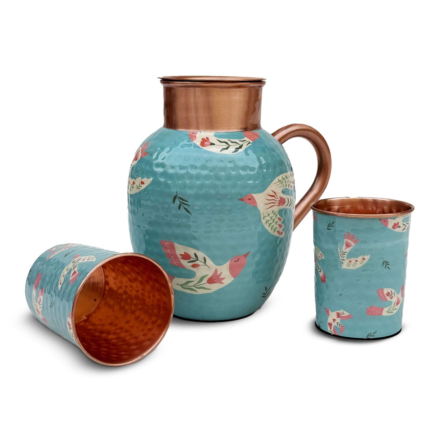 Light Blue Birds Pure Copper Jug & Glass Set