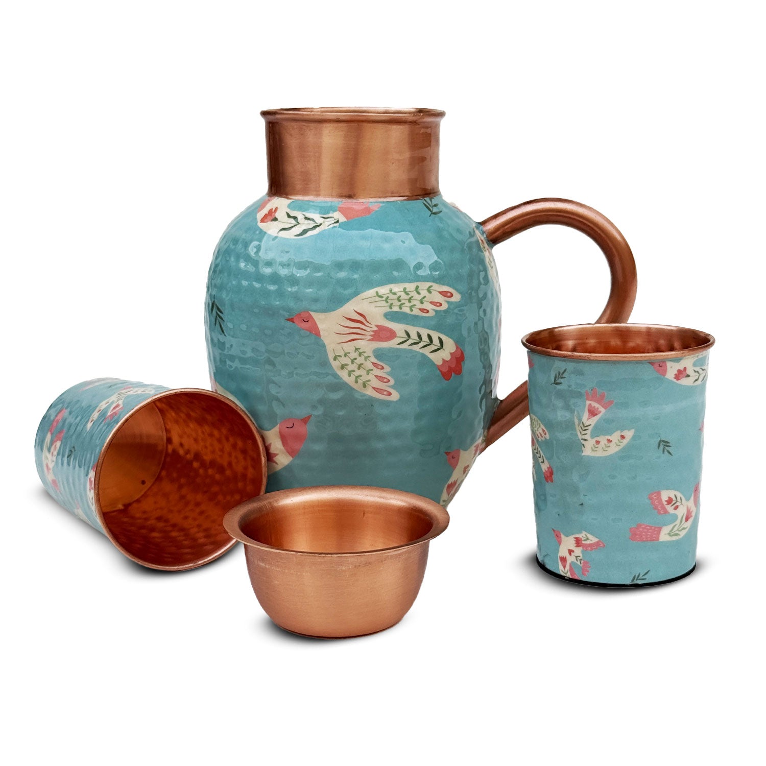 Light Blue Birds Pure Copper Jug & Glass Set
