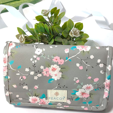 Travel Kits for Cosmetics and Essentials |  Toiletry Bag | Grey Brown Flower Design pouch