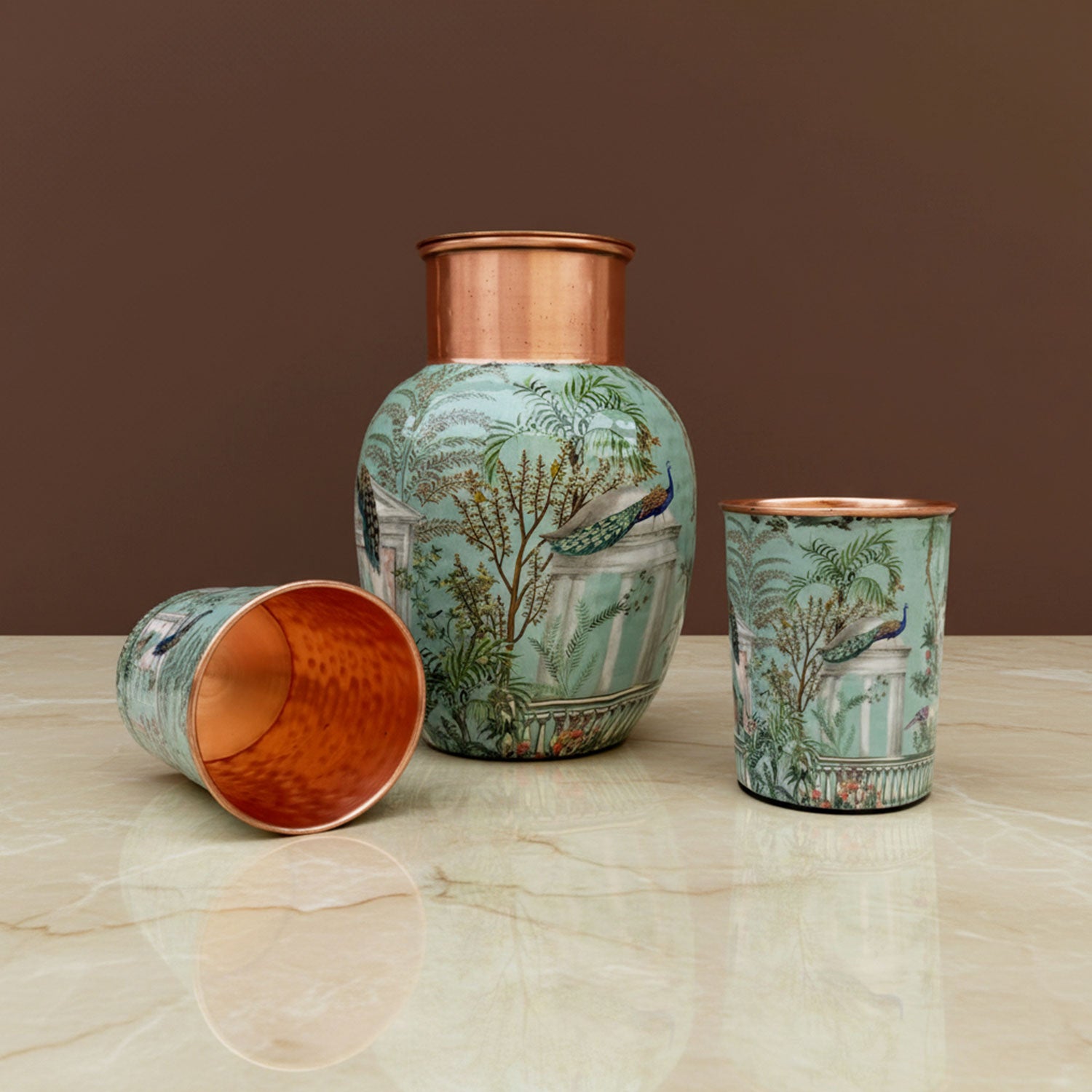 Pastel Green Peacock Pure Copper Jug & Glass Set