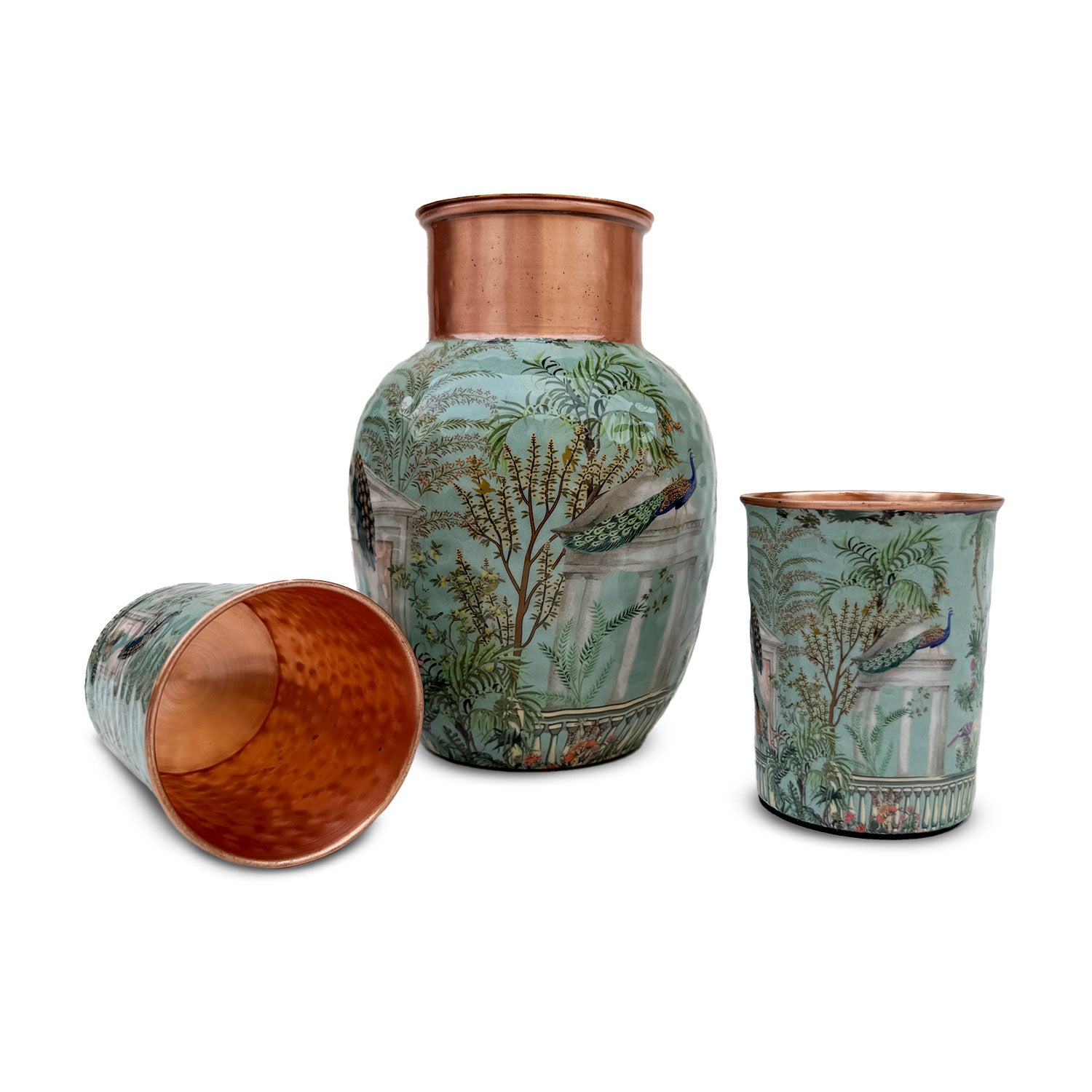 Pastel Green Peacock Pure Copper Jug & Glass Set