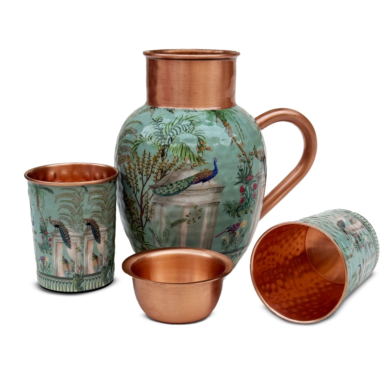 Pastel Green Peacock Pure Copper Jug & Glass Set