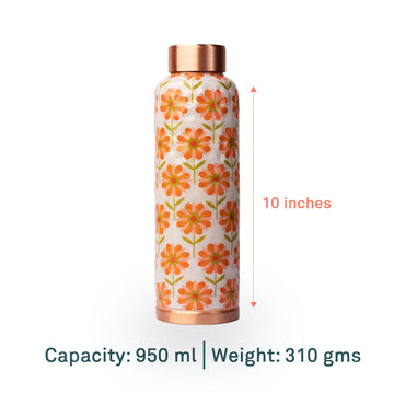 Orange Block Flower Pattern| 100% Pure Copper Bottle|950 ml | Peacoy