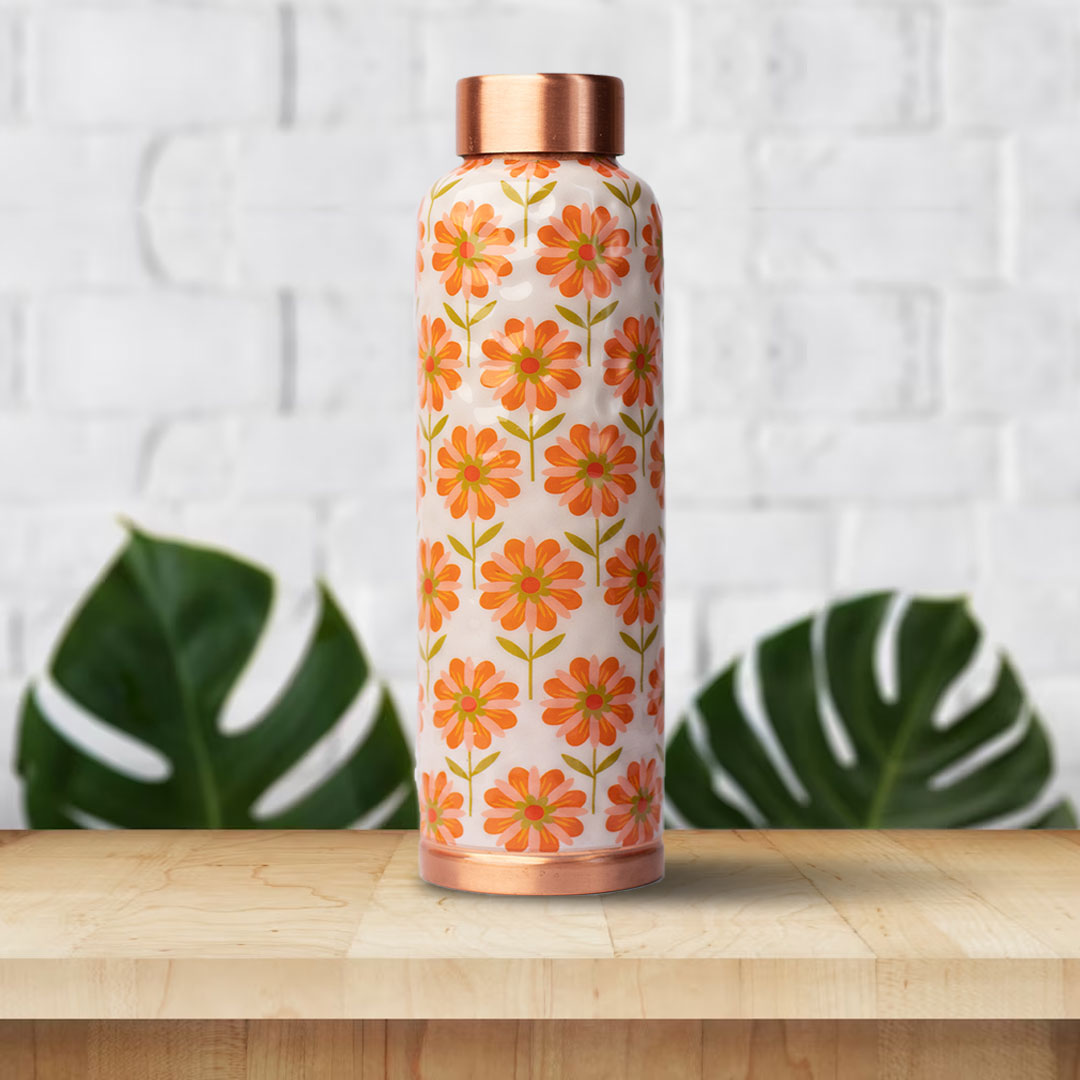 Orange Block Flower Pattern| 100% Pure Copper Bottle|950 ml | Peacoy