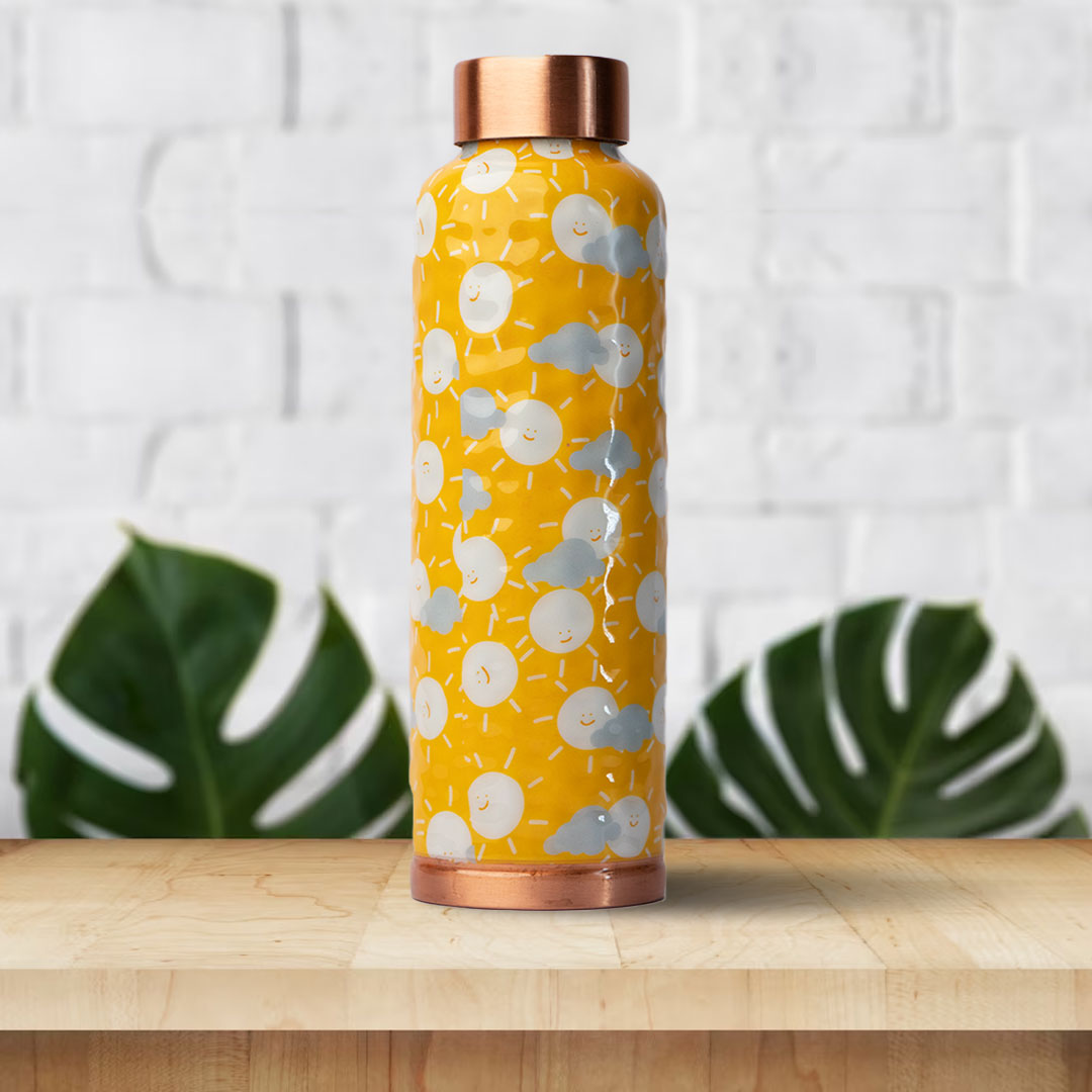 Polka Trend Yello Hammered Printed | 100% Pure Copper Bottle|950 ml | Peacoy