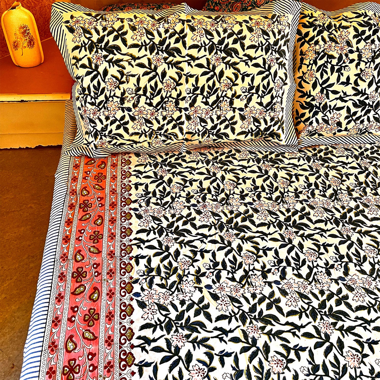 Black Floral Block Printed Cotton Double Bedsheet Set With 2 Pillow Covers - 108 inches x 108 inches