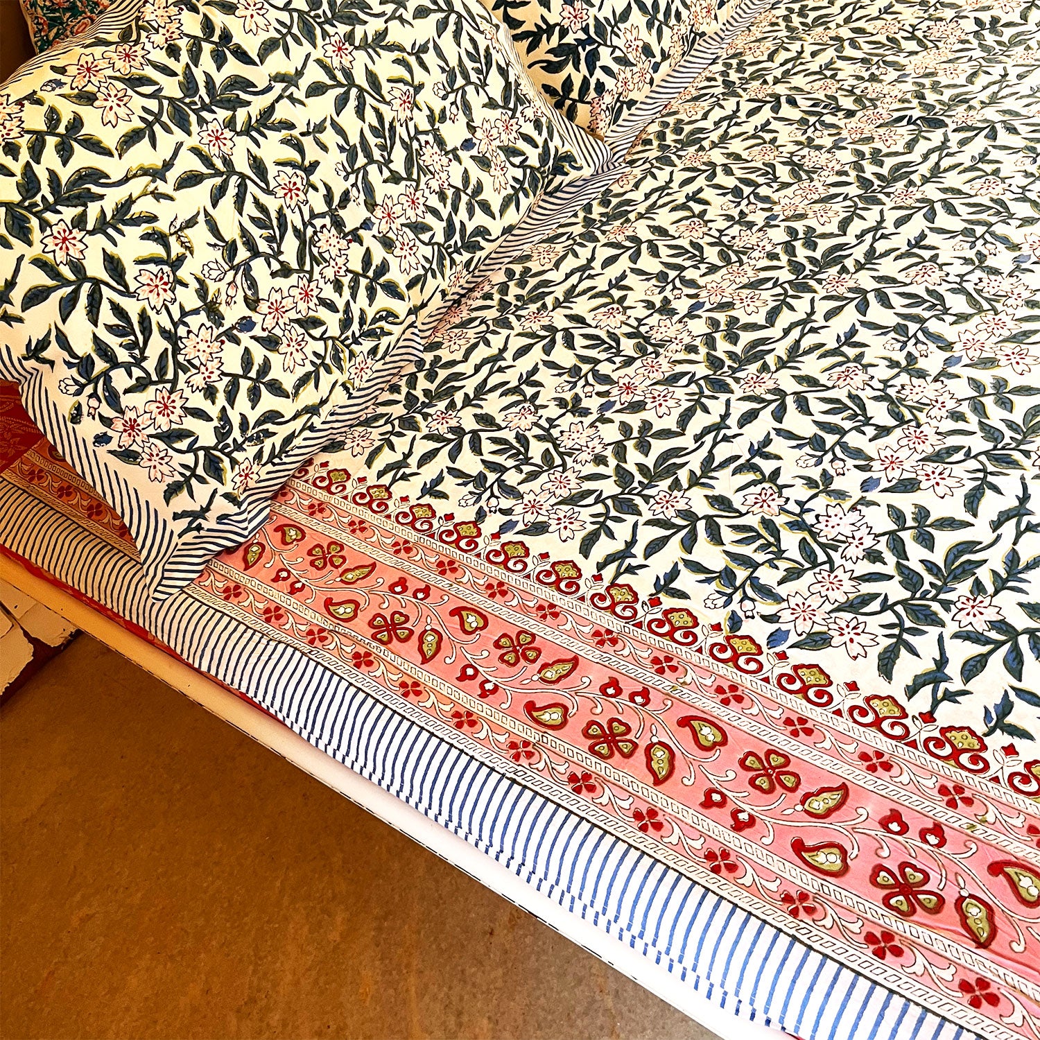 Black Floral Block Printed Cotton Double Bedsheet Set With 2 Pillow Covers - 108 inches x 108 inches