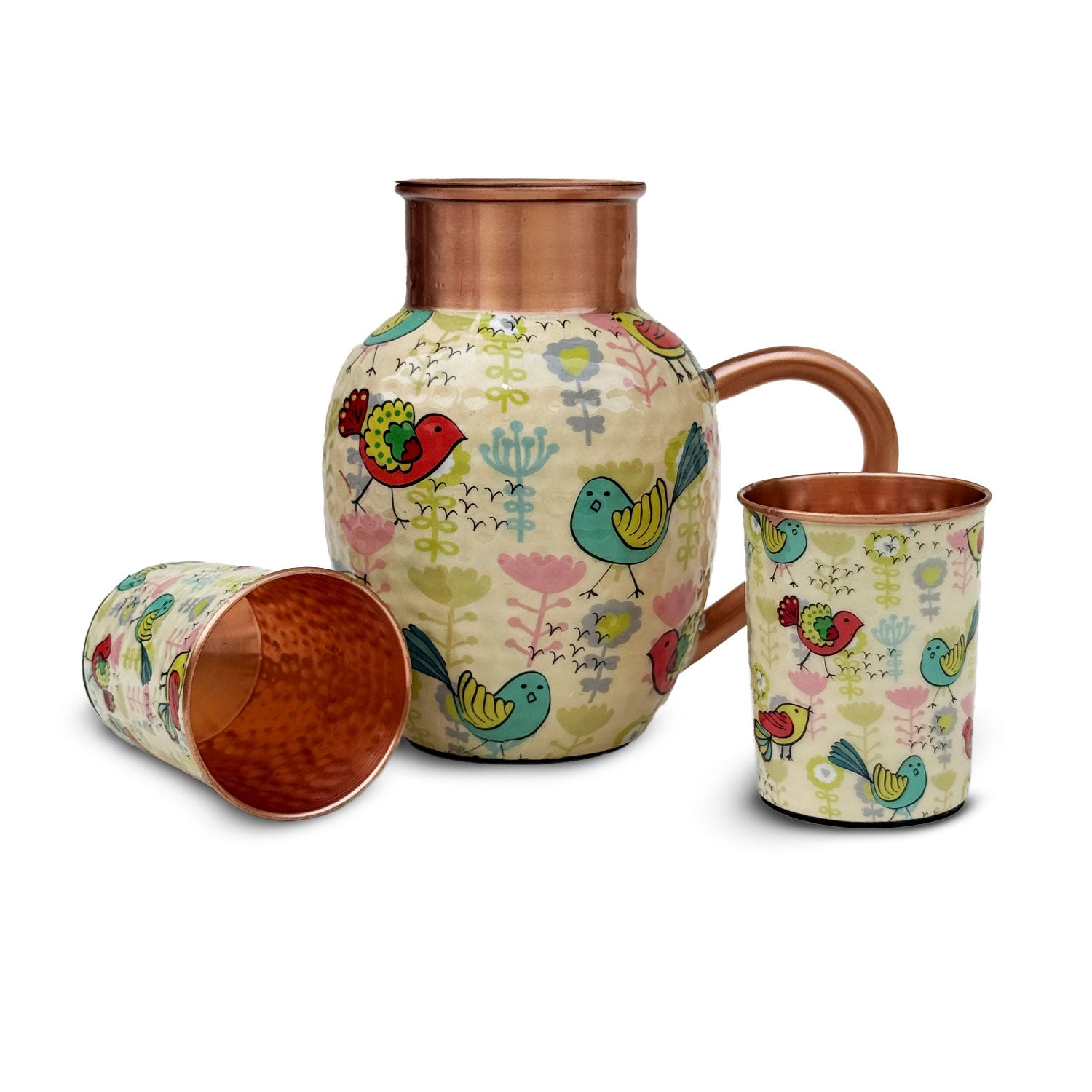 White Birds Pure Copper Jug & Glass Set