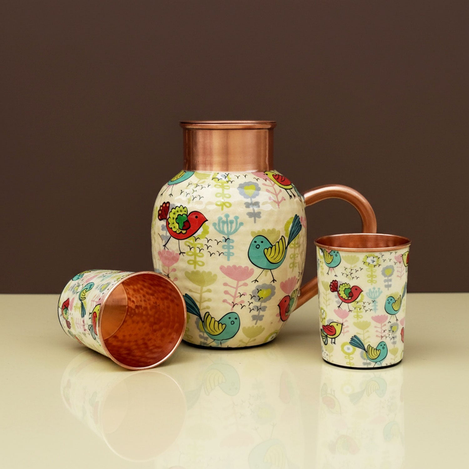 White Birds Pure Copper Jug & Glass Set