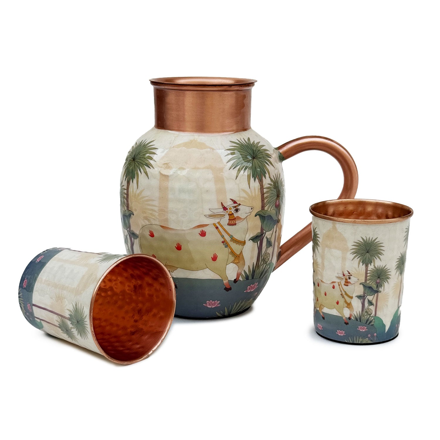 White & Blue Cow Pure Copper Jug & Glass Set