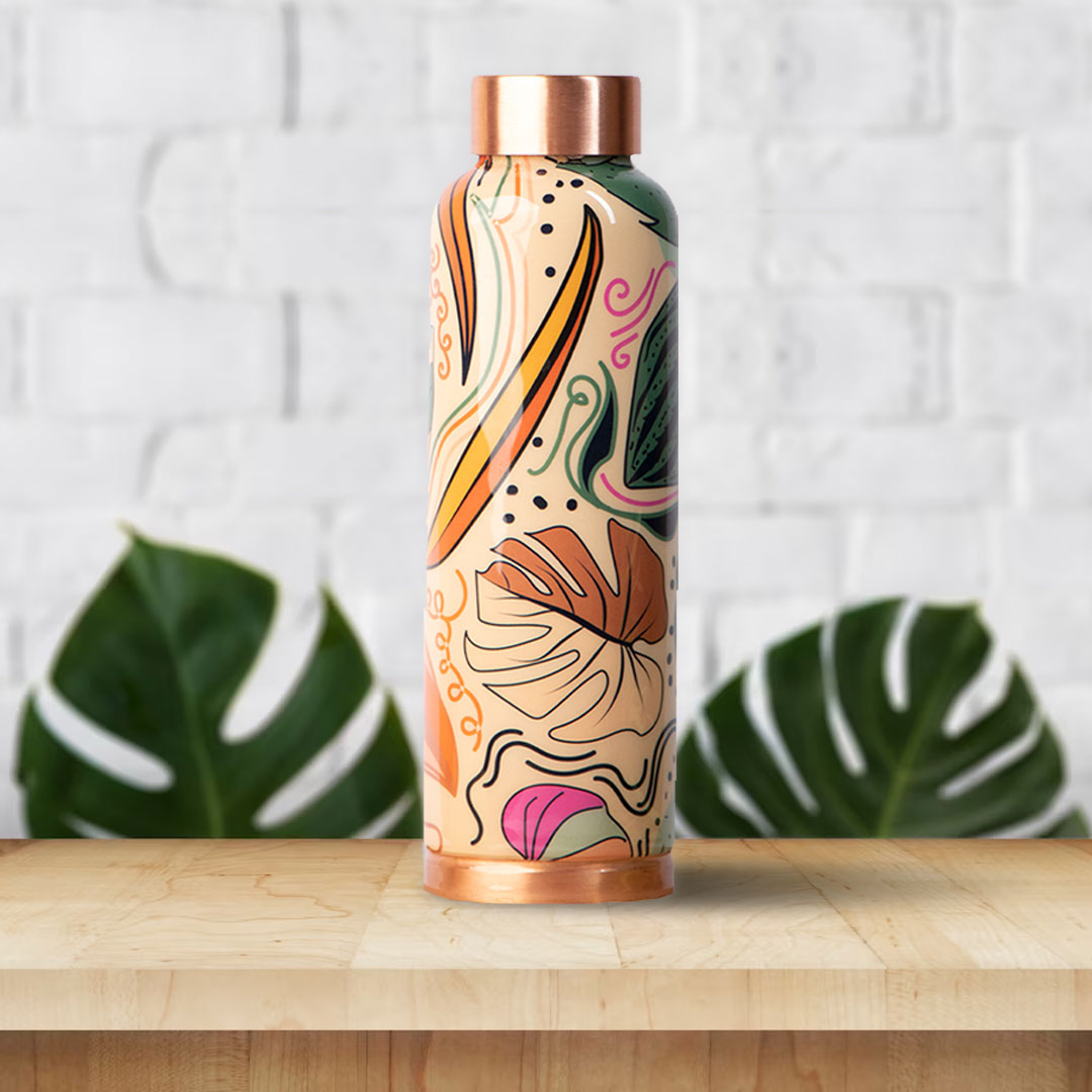 Topical Orange Leaves Pattern | 100% Pure Copper Bottle|950 ml | Peacoy
