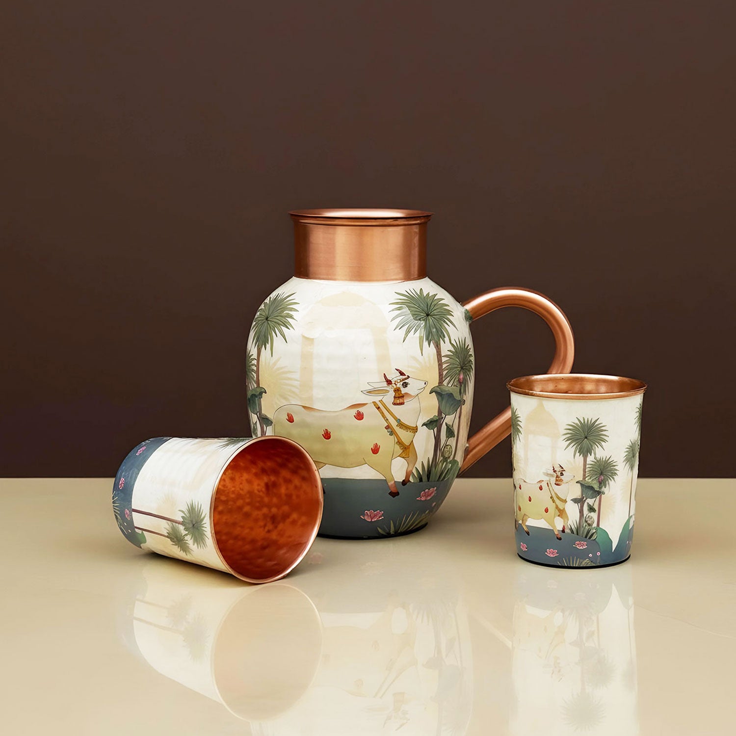 White & Blue Cow Pure Copper Jug & Glass Set