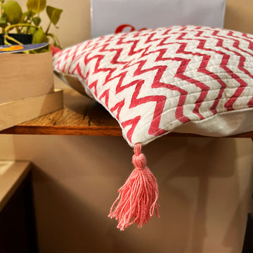 Red Cheveron Quited Cotton Cushion Cover - 15 x 15 inches