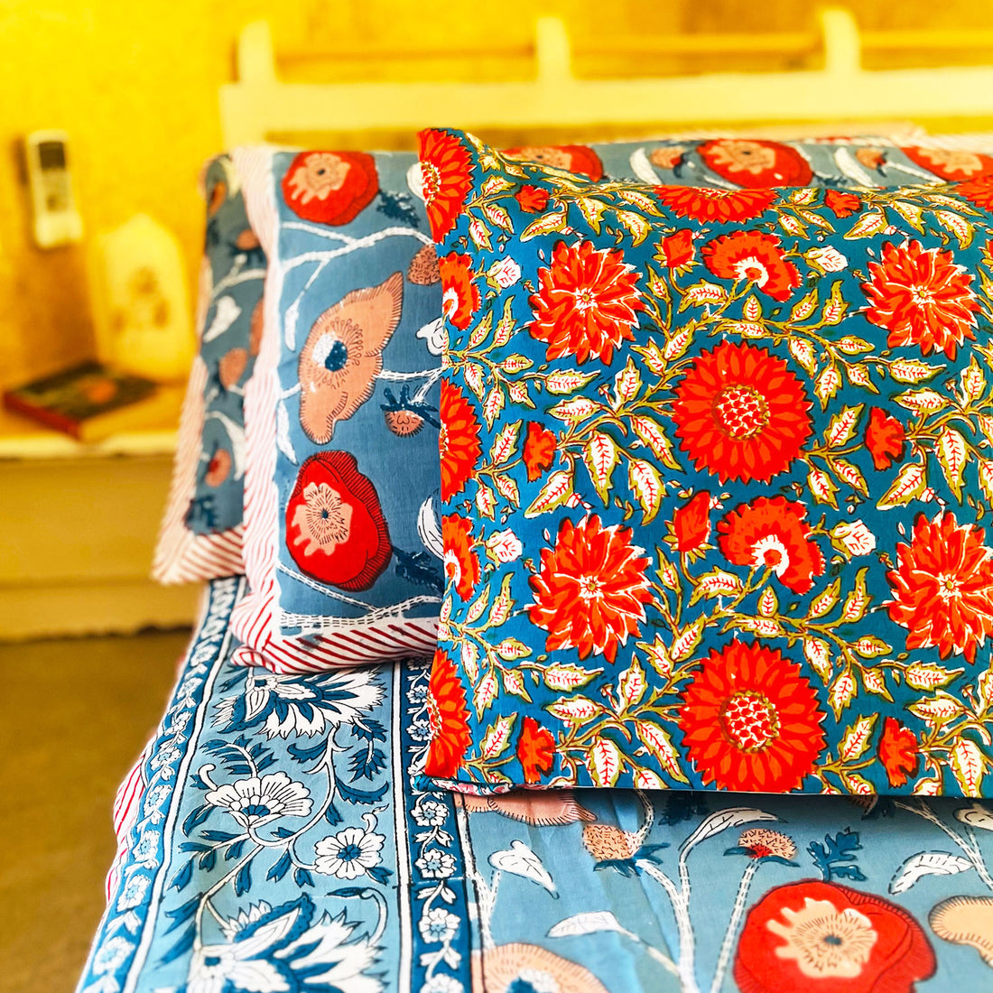 Grey Bloom Floral Block Printed Cotton Double Bedsheet Set With 2 Pillow Covers - 108 inches x 108 inches