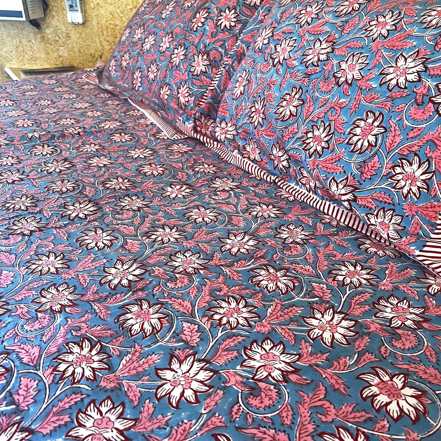 Blue Muted Floral Block Printed Cotton Double Bedsheet Set With 2 Pillow Covers - 108 inches x 108 inches