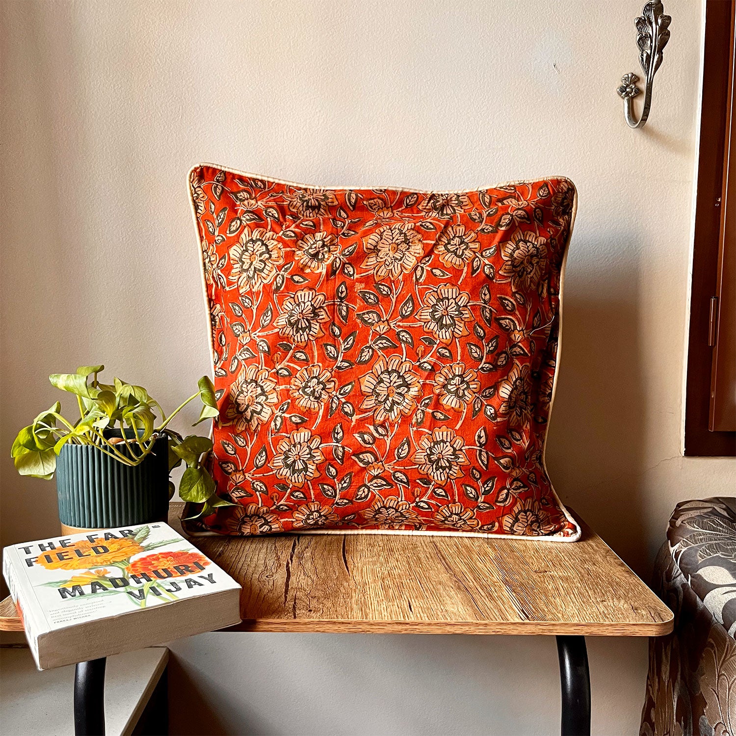 Muted Orange Bloom Block Print Cotton Cushion Cover - 16 x 16 inches