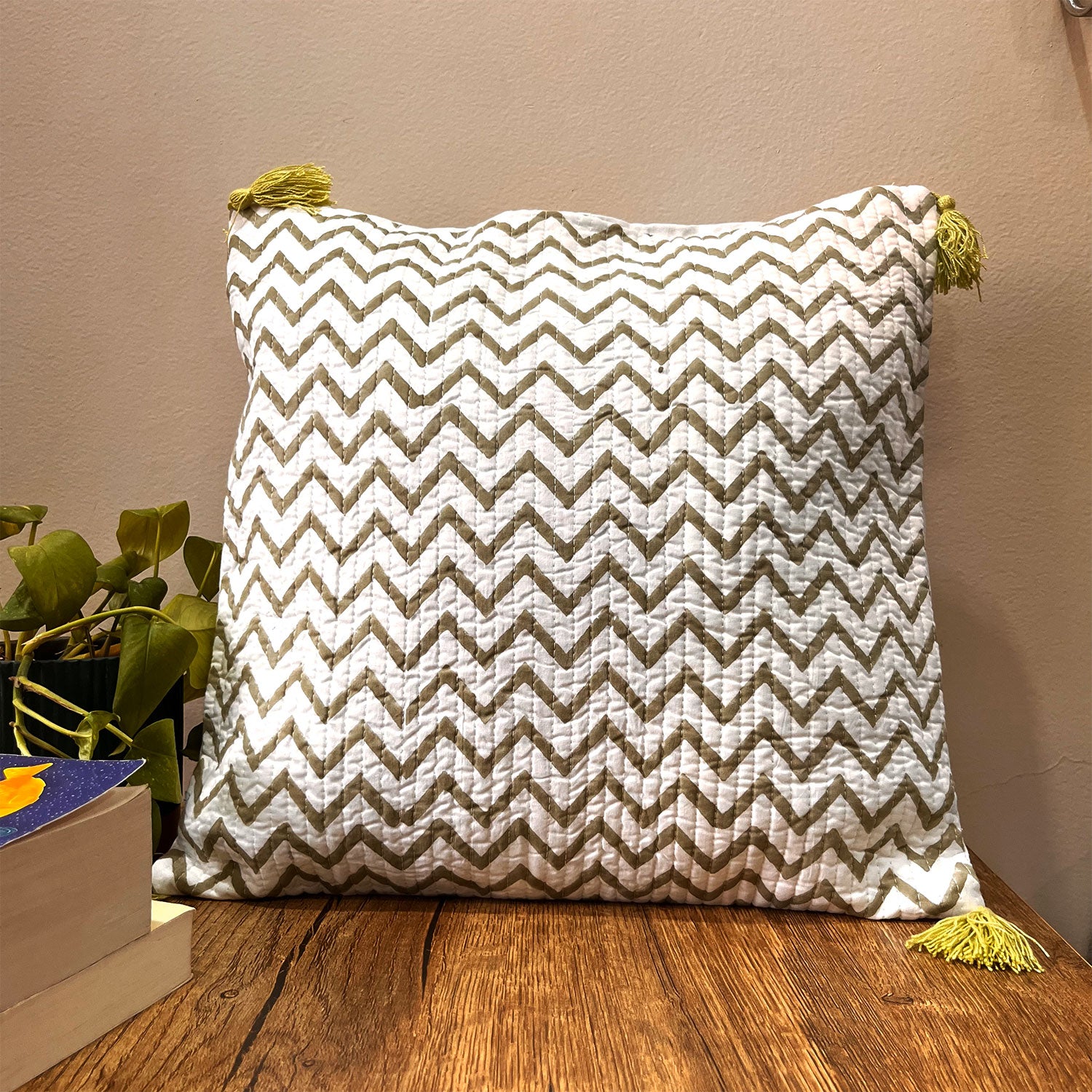 Muted Green Quilted Cotton Cushion Cover - 16 x 16 inches