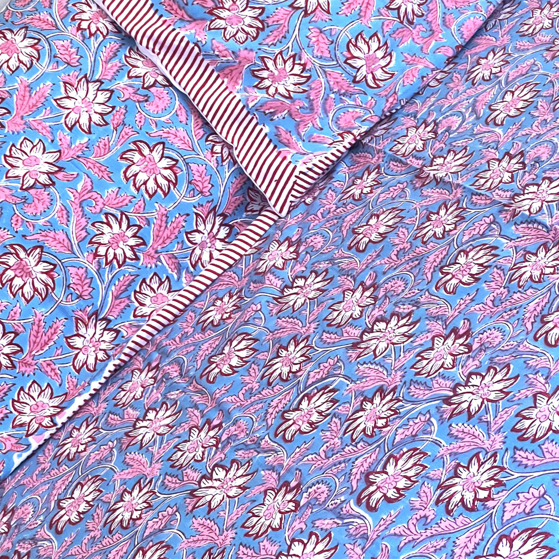 Blue Muted Floral Block Printed Cotton Double Bedsheet Set With 2 Pillow Covers - 108 inches x 108 inches