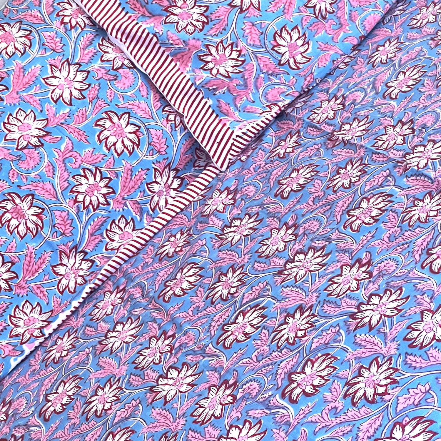 Blue Muted Floral Block Printed Cotton Double Bedsheet Set With 2 Pillow Covers - 108 inches x 108 inches