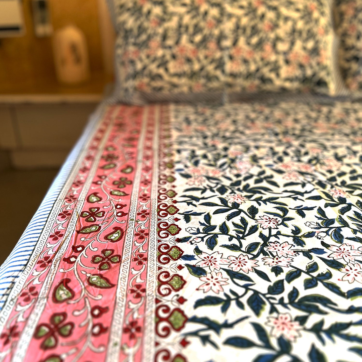 Black Floral Block Printed Cotton Double Bedsheet Set With 2 Pillow Covers - 108 inches x 108 inches