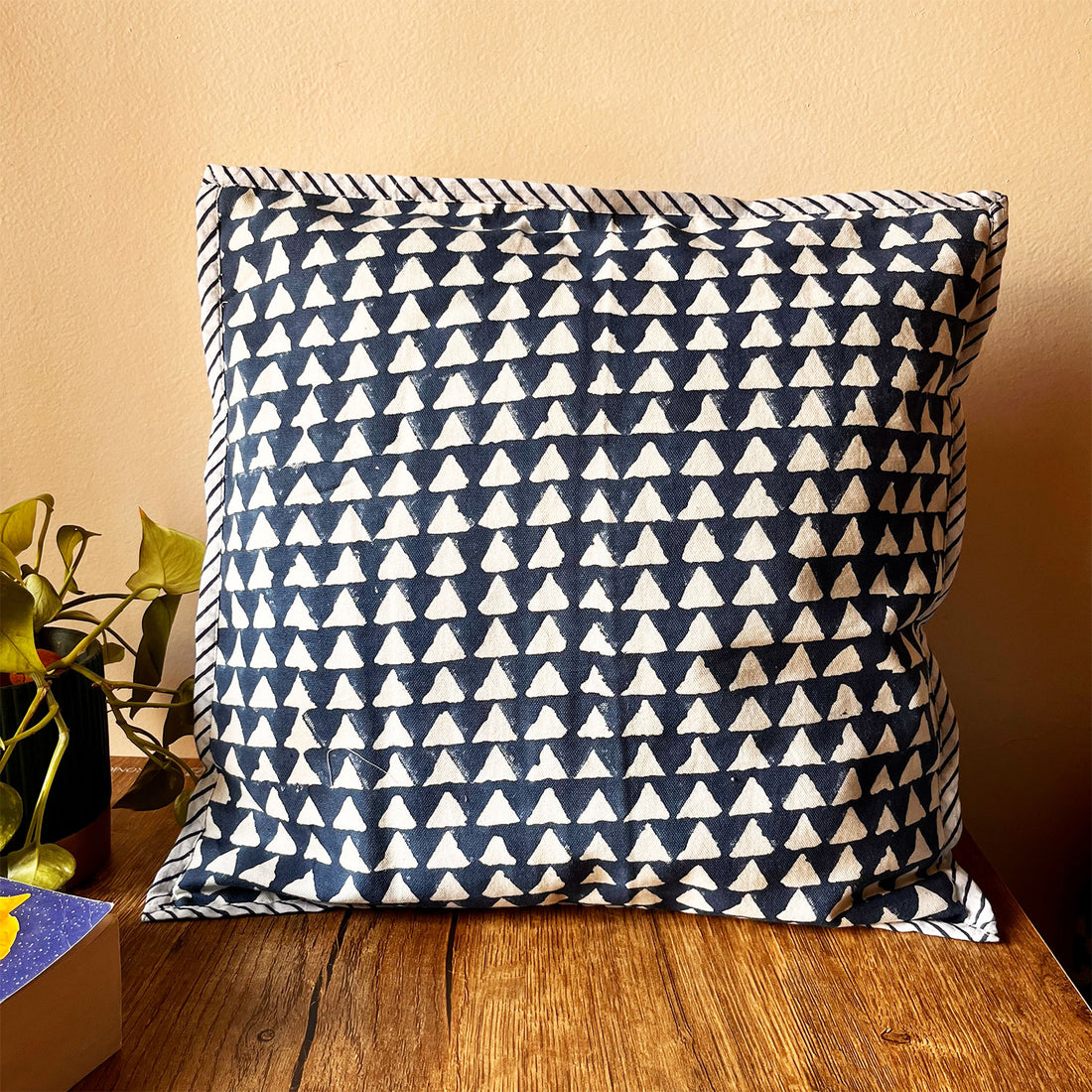 Blue White Traingle  Cotton Cushion Cover - 16 x 16 inches