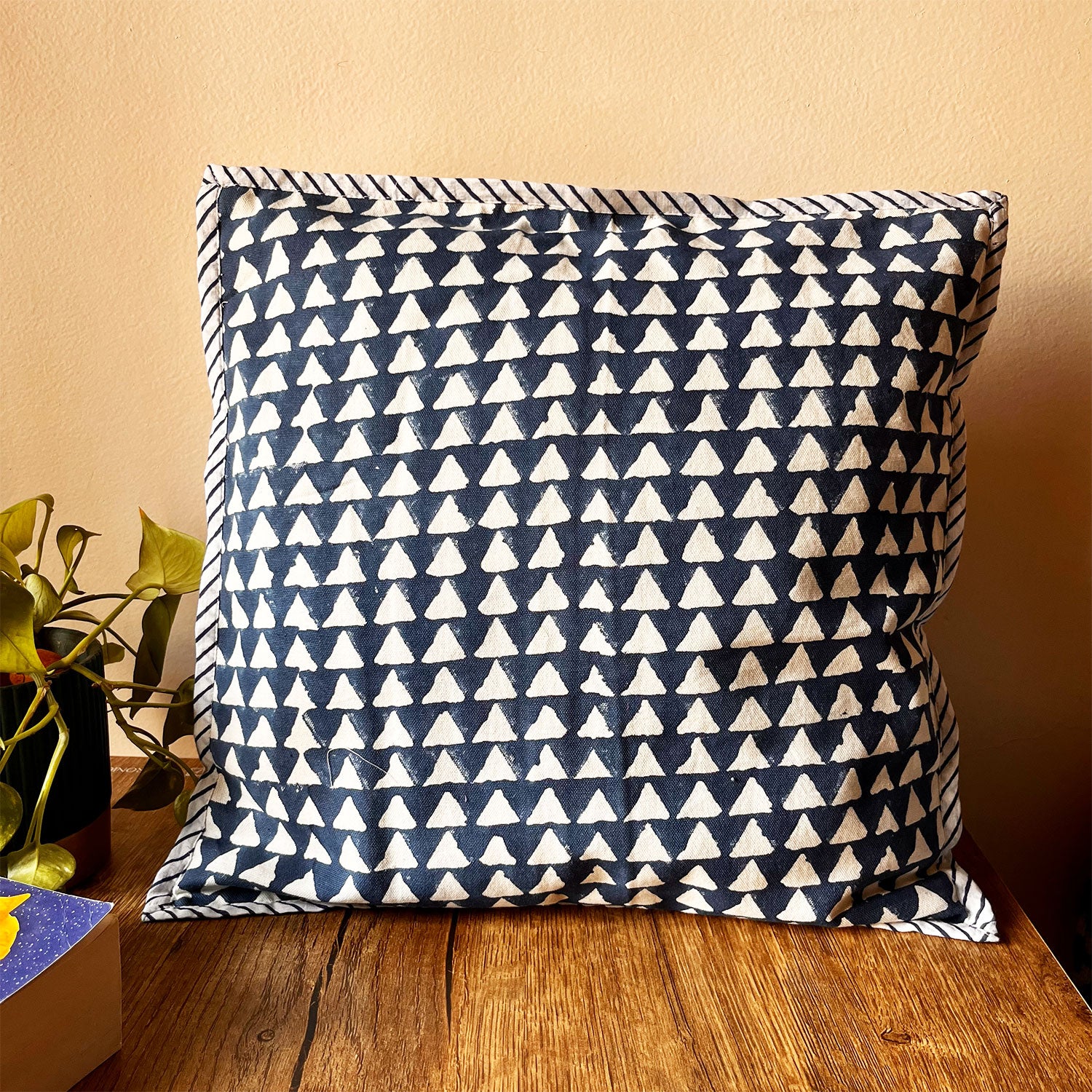 Blue White Traingle  Cotton Cushion Cover - 16 x 16 inches
