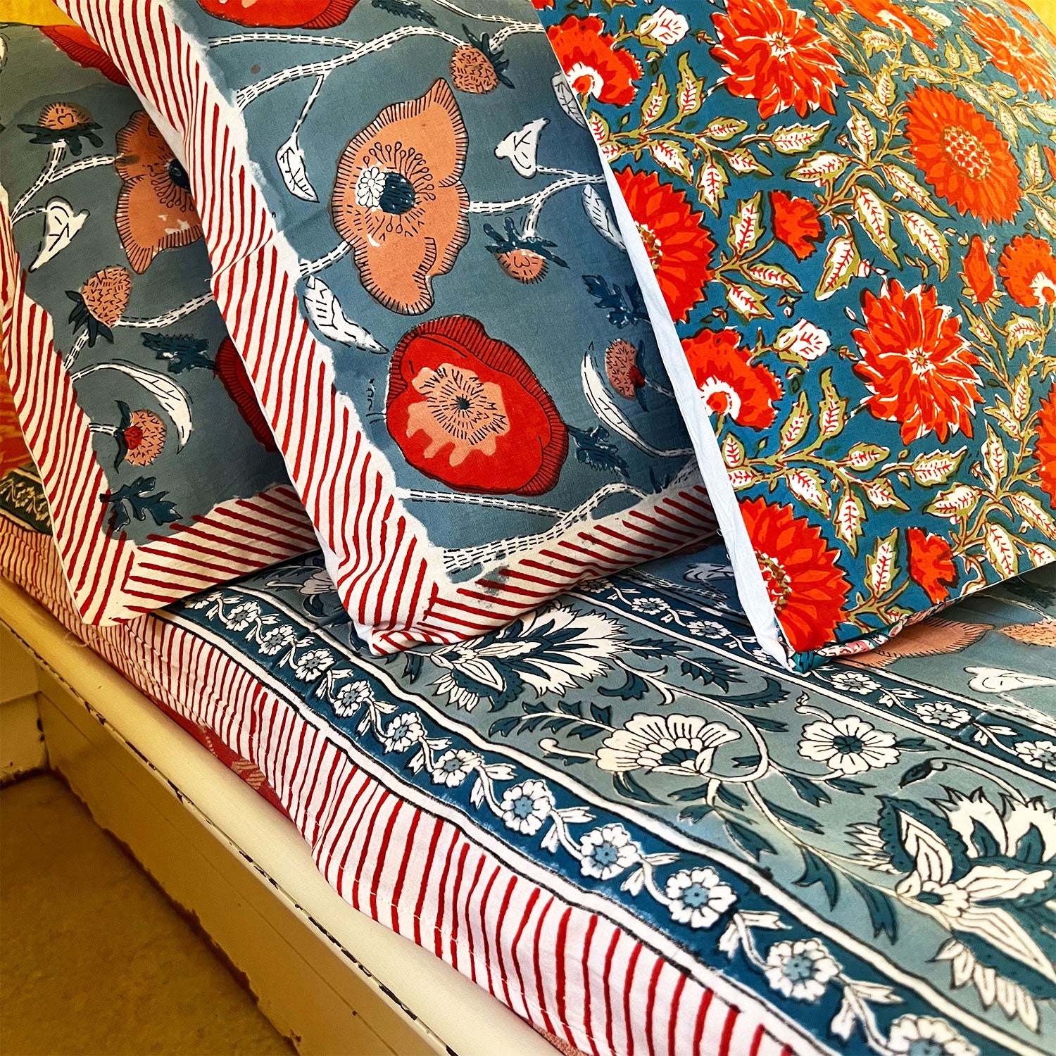 Grey Bloom Floral Block Printed Cotton Double Bedsheet Set With 2 Pillow Covers - 108 inches x 108 inches