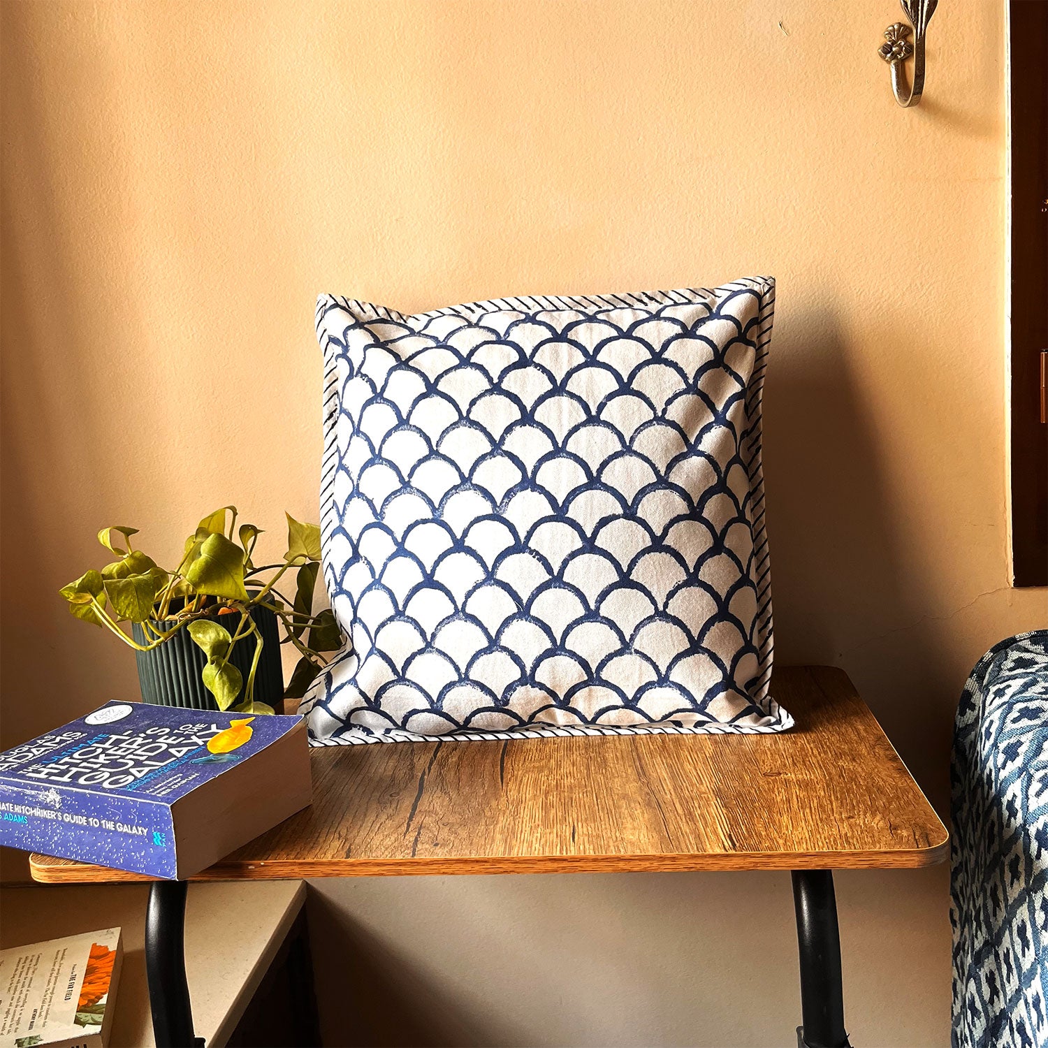 Blue  & White Cotton Cushion Cover - 16 x 16 inches