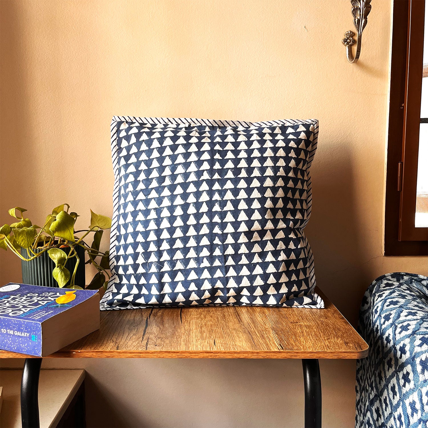 Blue White Traingle  Cotton Cushion Cover - 16 x 16 inches