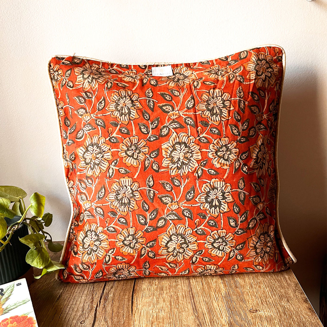 Muted Orange Bloom Block Print Cotton Cushion Cover - 16 x 16 inches