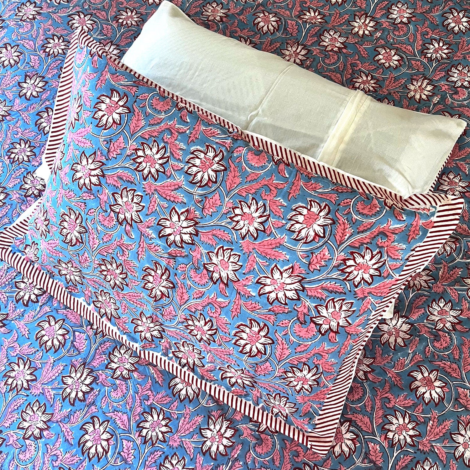 Blue Muted Floral Block Printed Cotton Double Bedsheet Set With 2 Pillow Covers - 108 inches x 108 inches