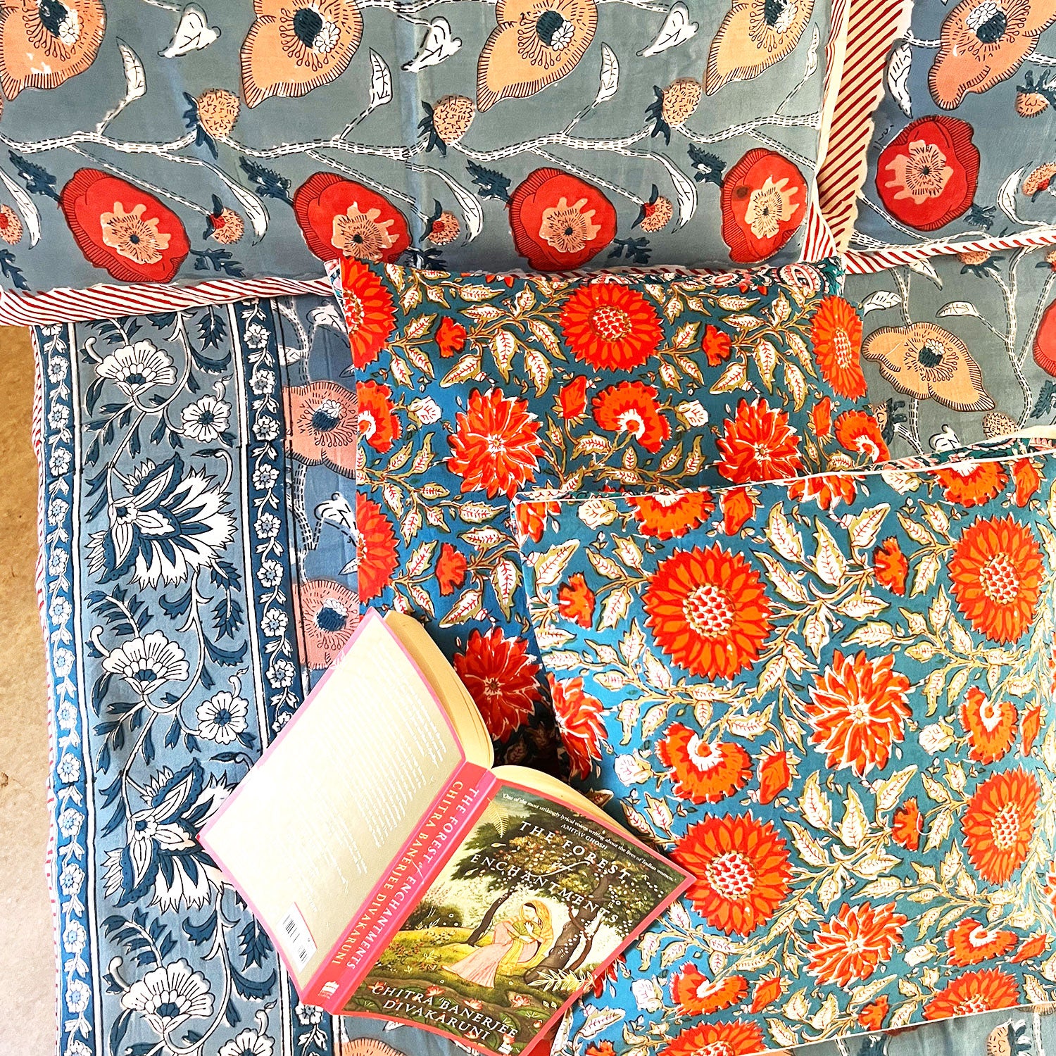 Grey Bloom Floral Block Printed Cotton Double Bedsheet Set With 2 Pillow Covers - 108 inches x 108 inches