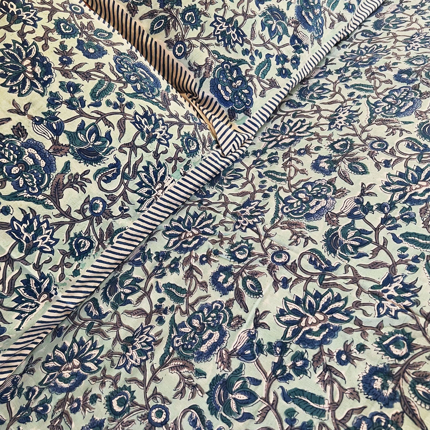 Blue Jaal Pattern Floral Block Printed Cotton Double Bedsheet Set With 2 Pillow Covers - 108 inches x 108 inches