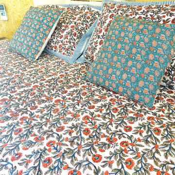 Jaal Pattern Floral Block Printed Cotton Double Bedsheet Set With 2 Pillow Covers - 108 inches x 108 inches
