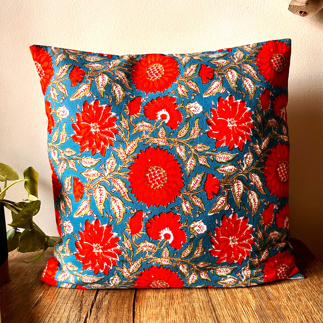 Bright Red Block Print Cotton Cushion Cover - 16 x 16 inches