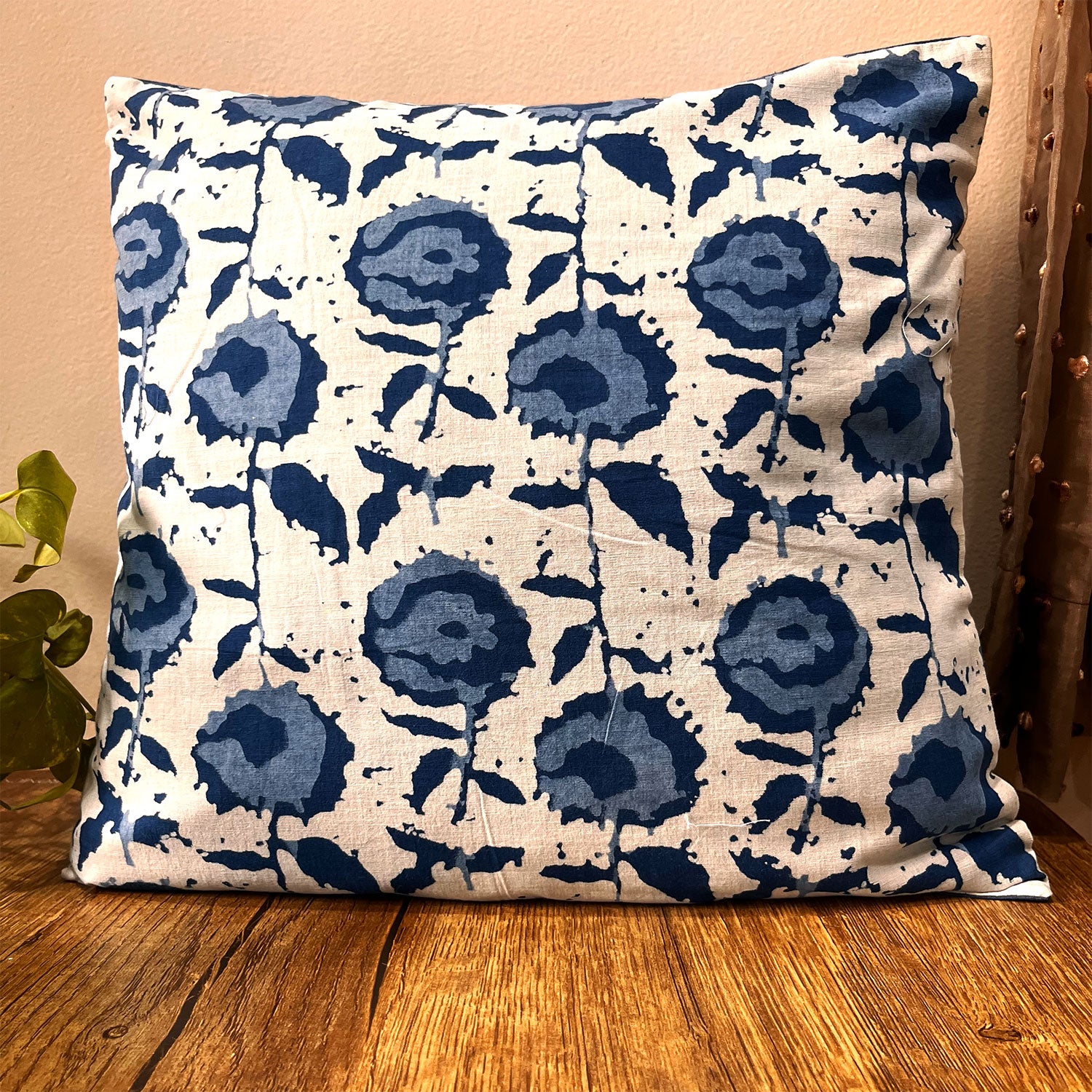 Blue Bloom Block Print Cotton Cushion Cover - 16 x 16 inches